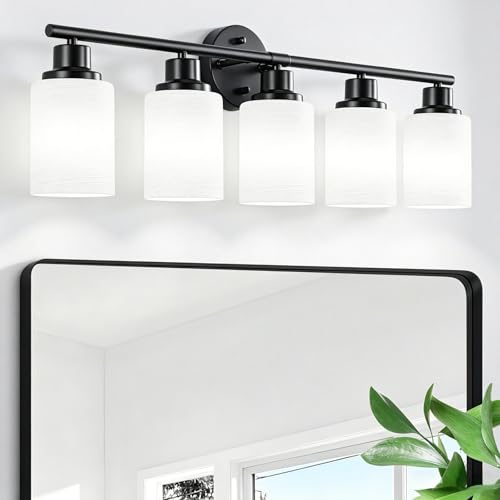 Image of 5-Light Bathroom Light Fixtures, E26 Base Vanity Lights for Mirror with Textured Milky White Glass Shade, Modern Kitchen Light Fixtures Wall Sconce Light - Black