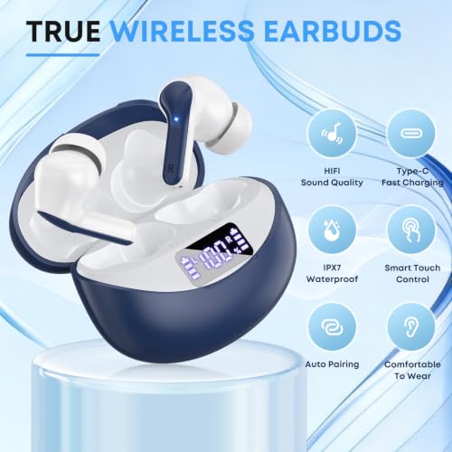 Image of Wireless Earbuds Bluetooth 5.4 Headphones, Noise Cancelling Mic Ear Buds with 50H Playback, LED Digital Display, IPX7 Waterproof Earphones for Office /Running /Workout(Blue)