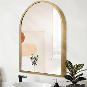 Wall Mirror Arched Bathroom Mirrors, Aluminum Alloy Frame Hanging Vanity Mirror for Living Room Bedroom Entryway Vanity, Brushed Metal Framed Wall Mounted Mirror Gold 16″x12″