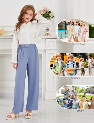Image of Girls Wide Leg Palazzo Pant Loose Straight Cute Bow Waist Spring Summer Lightweight Dress Pant for Kids 5-14Y