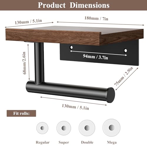 Image of Tindbea Toilet Paper Holder with Wood Shelf, Wooden Wall Mount Tissue Paper Roll Holder, Matte Black Stainless Steel Bathroom Accessories Decor Household Home Apartment Restroom Essentials (Walnut)