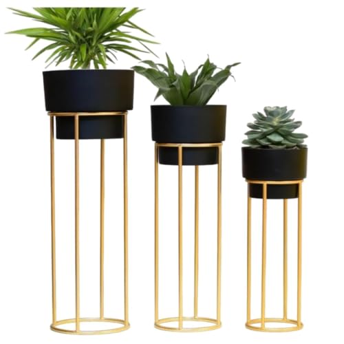 Image of ZM Handicrafts Metal Floor Planter Pot Stand with Gold Finish, Set of 3, Modern Style, for Living Room, Bedroom, Balcony, Office | Indoor / Outdoor Flower Pot Stand with Pots (Black Pot)