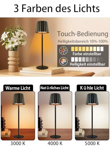 Led Tischleuchte Kabellos mit 3 Lichtfarben, 2 Stück Outdoor Tischlampe Kabellos IP54 Wasserdicht, Led Tischlampe Akku USB Aufladbar Einstellbare Helligkeit für Wohnzimmer, Camping, Bar – Bild 4