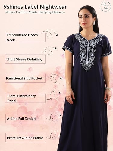Image of 9shines Label Stylish Alpine Nighty Maxi for Women | Full Length Trendy Nightgown | Premium Nightdress | Nightwear | Heavy Embroidery Nighty with Pockets(2891)