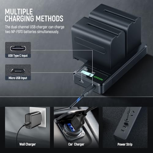 Image of NEEWER 2Pcs NP-F970 7800mAh Replacement Batteries with Charger, Type C Battery Compatible with Sony NP-F970 F960 F950 F770 F750 F570 F550 FX3 FX30 A7 Canon R5 Nikon Z8, For Handycam LED Light Monitor