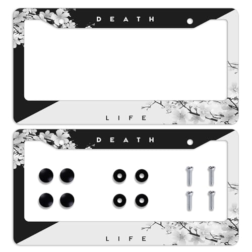 Japanese Cherry Tree Blosson License Plate Frame 2 Pack Black and White License Plate Personalise License Plate Frames Rust-Proof Stainless Steel Metal Car Plates Tag Funny Decor Men Women
