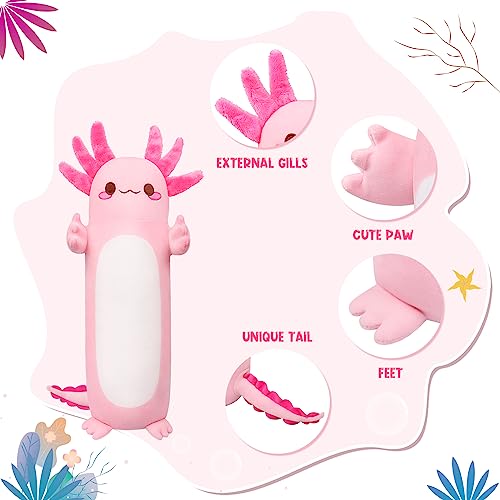 Image of Auspicious beginning 20 inch Cute Axolotl Stuffed Animal Plush Pillow, Soft Kawaii Cat face Pink Axolotl Body Pillow Long Plush Doll Standing Hugging Pillow Toys for Kids Children Adults Gifts