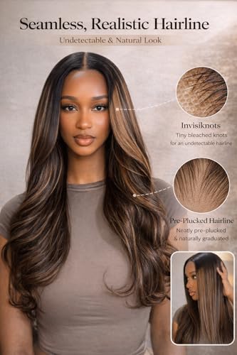 Image of Sunber Ombre Brown Balayage Highlights 13x4 Pre-Everything Lace Frontal Yaki Straight Human Hair Drawstring Wig Put On and Go Pre Cut HD Lace Pre Plucked Invisible Knots Yaki Glueless Wigs 22Inch