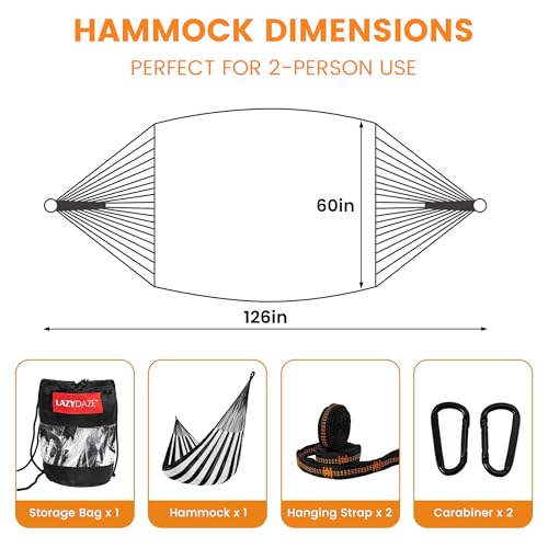 Image of Lazy Daze Hammocks Handwoven XL Mayan Hammock, 10.5 FT Soft Rope Double Hammocks, Portable Outdoor Hammock with Carry Bag, 2 Straps & Carabiners for Patio Outside, 550 lbs Weight Capacity, Black /White