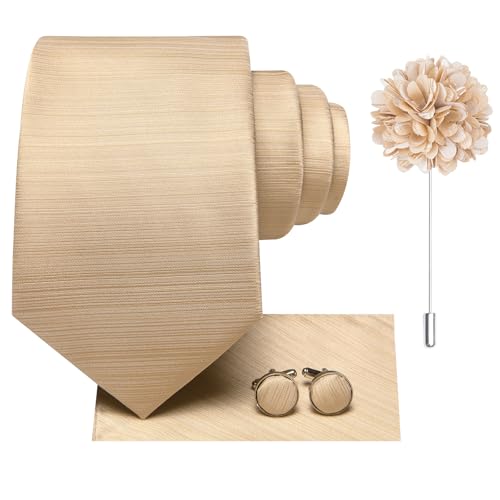 Image of Hi-Tie Men Silk Ties Set with Flower Lapel Pin Necktie Pocket Square Cufflinks for Tuxedo Wedding Business
