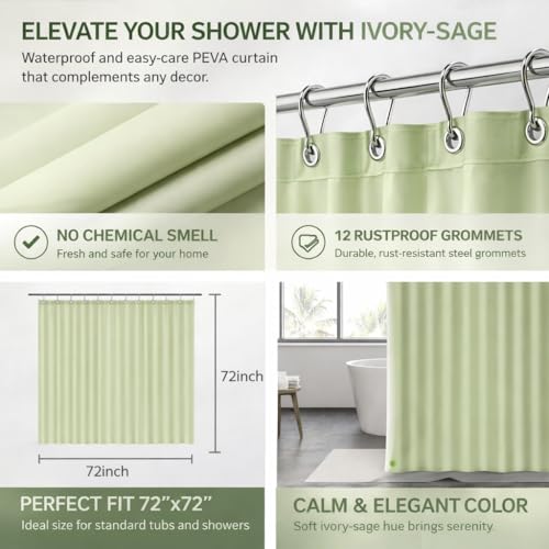 Image of EHZNZIE Sage Shower Curtain Liner 72x72, PEVA Waterproof Bath Curtain, No Chemical Smell, 3 Weighted Magnets, Durable with Rustproof Metal Grommets