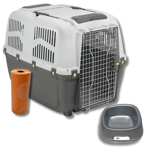 Pet’s Market Trasportino Skudo 7 Gatto Cane Rigido Sacchetti Igienici e 2 Ciotole Casuali in Omaggio Accessorio da Viaggio Animali Porta in Ferro Fessure Conforme agli Standard Aerei (7 (105x73x76h))
