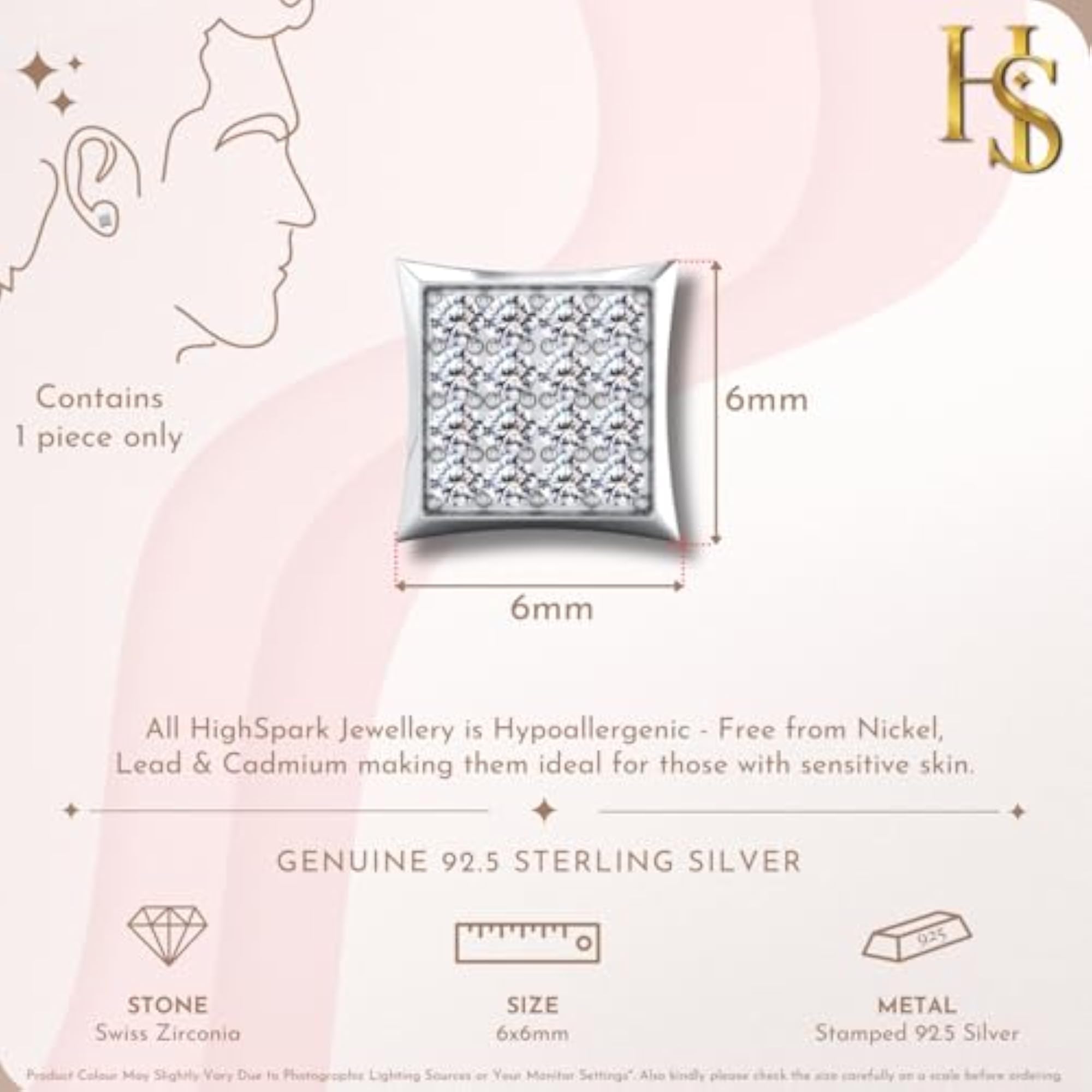 Men's 925 Sterling Silver Square Solitaire Earring with Zirconia