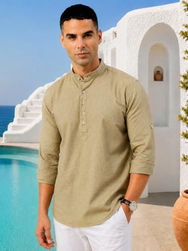 Image of Majestic Man Men's Pure Cotton Solid Mandarin Collar Slim Fit Roll-Up Sleeves Short Kurta Lightweight Summer Kurta for Daily & Occasion Use