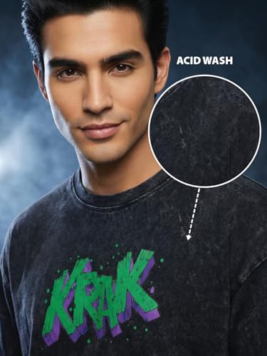 Image of Veirdo Heavy GSM Pure Cotton Men's Graphic Print Oversized Fit Half Sleeve Round Neck Cotton Acid Wash Print T-Shirt in Different Colors with Sizes ranging from S to 2XL.