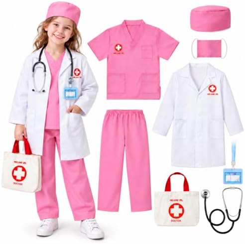 Meland Doctor Costume for Kids 3-10, Pretend Play Career Dress Up with Bag