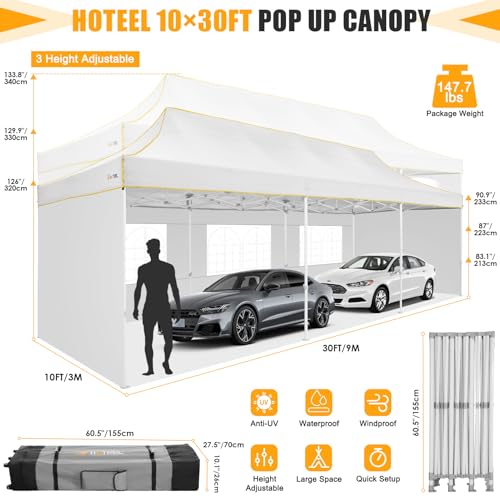Image of HOTEEL Tents for Parties 10x30 Heavy Duty Pop Up Canopy Tent with 5 Sidewalls&Wheeled Bag, Commercial Event Party Tent Wedding Instant Canopy Waterproof, UV 50+, Upgraded Thicked Hexagonal Legs, White