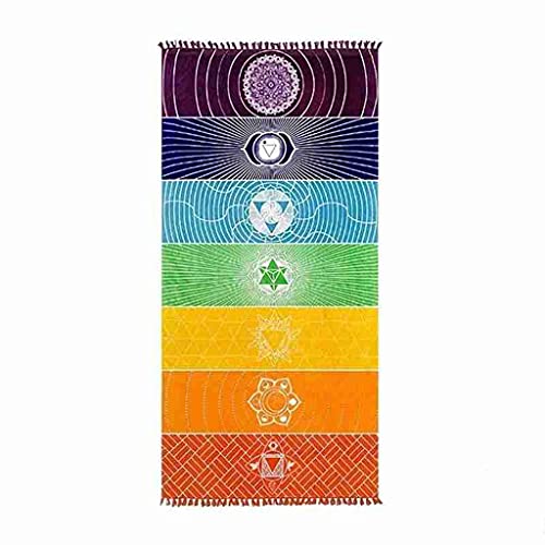 Tapestry arc-en-ciel contre les murs vides et serviettes de plage trop petites