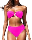 Holipick Women's Bandeau Bikini Set High Waisted Bathing Suits O Ring Halter Bikini Tops Two Piece Swimsuit Hot Pink