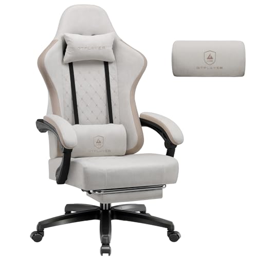 GTPLAYER Gaming Stuhl Stoff, Gaming Sessel mit Taschenfederkissen, ergonomischer Drehstuhl, Gamer Stuhl mit Fußstütze150 kg Belastbarkeit, beige