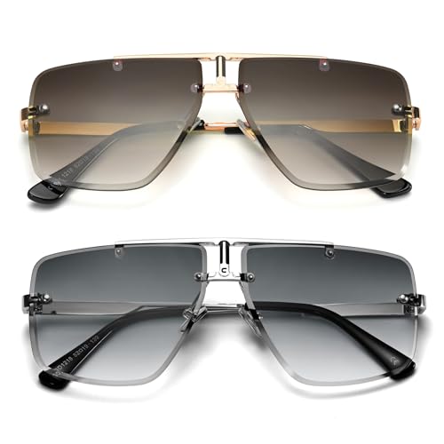 Image of Rimless Oversized Square Sunglasses for Men Trendy Fashion Big Shades Tinted Lens Gold Metal Frameless Glasses UV400