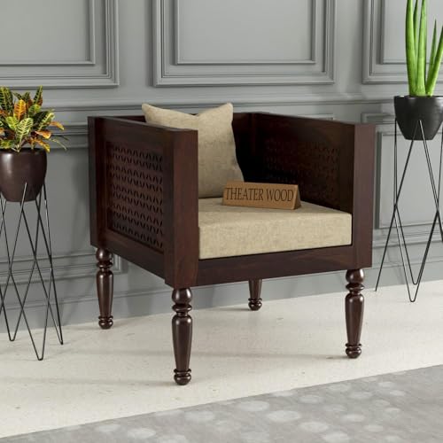 Image of Sheesham Wooden 1 Seater Sofa for Living Room | Rosewood Cushion Sofa | Solid Wood Sofa Set for Lounge (Walnut, 1 Seater)