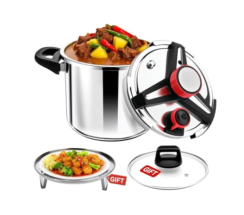 MSDQQTIY 5.0 Upgrade 7QT 304 Stainless Steel Pressure Cooker 【Explosion-Proof】【3 Pressure Settings 100/60/0kPa】 Pressure Cooker 【One-Hand Open】【70% Faster Cooking】with Steamer Rack & Glass Cover