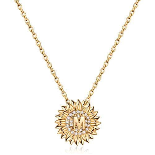 Dainty Sunflower Necklace Sunflower Gifts, CZ Initial M Sunflower Necklace for Women Letter Necklaces for Teen Girls Jewelry Sunflower Gifts for Women 14K Gold Initial Necklaces Sunflower Jewelry