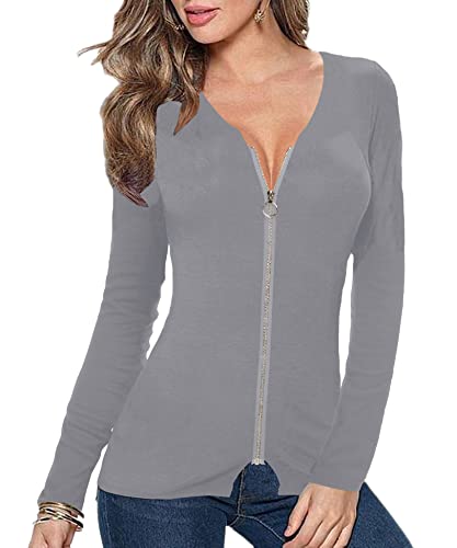 Image of Afibi Women V Neck Zip Front Long Sleeve Casual Top Blouse Shirt /Cardigan