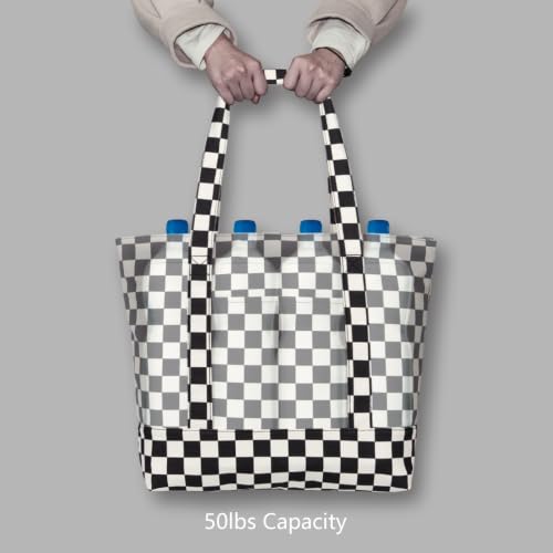 Image of TOPDesign 3-Pack Canvas Tote Bags with an External Pocket, Reusable Grocery Shopping Bags, Top Zipper Closure, Daily Essentials (Checkerboard)