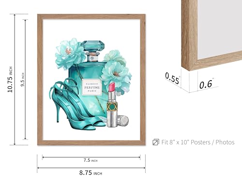 Image of Poster Master Turquoise Blue Designer Print - Fashion Poster - Shoes, Lipstick & Perfume Art - Chic Gift for Women & Fashionista - Glam Decor for Bedroom or Girl's Room - 8x10 Beige Framed