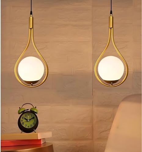 Image of Racket Shaped Golden Metal and Milky Glass Hanging Lights, Pendant Lamps for Dining Table, Kitchen Island, Bedroom, Living Room (with Bulb)