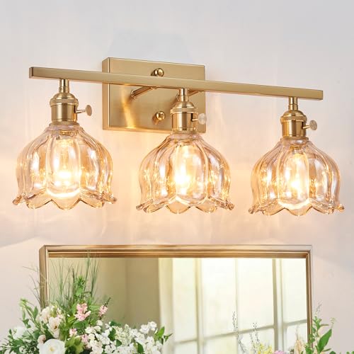 3-Light Amber Tulip Glass Vanity Light Brushed Gold Vintage Bathroom Wall Sconce 19.4 Antique Brass Hardwired Wall Lamp for Mirror Powder Room Bedroom (Individual Switches Bulbs Not Included)
