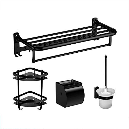 HYLR 4pc Bathroom Accessory Sets,foldalbe towel shelf,Toilet brush And holder,Toilet Paper Holder,Shower Corner Shelf,304 stainless steel,Wall Mounted,black,PVD plating