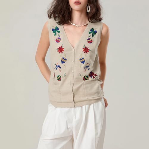 Image of Women Christmas Sweater Vests Santa Claus Print Sleeveless Knit Cardigan Vest Christmas Holiday Tank Top