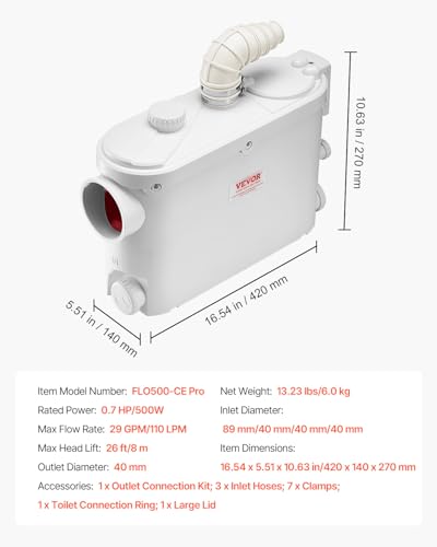 Image of VEVOR Macerator Pump, 500W, 29 GPM Flow, 26 ft /8 m Head, Macerator Wall-Hung Toilet Pump with 4 Water Inlets, Waste Water Disposal Upflush Machine for Toilet, Basement, Shower, Sink, Laundry, Bathtub