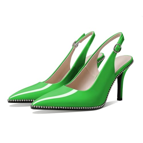 Zamikoo Women Slingback High Heels Beaded Pumps Pointed Toe Slip On 3.5 Inch Stilettos Ankle Strap Patent Leather Shoes US Size 5 -Size 133