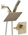 All Metal Shower Faucet Set, Dual Square Shower Head System with Handheld Wand, Diverter, Hose Complete Combo, Pressure Balance Rough-in Valve Included (Brushed Gold)