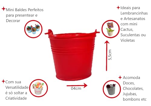 20 Mini Baldes 5,5cm Plástico com Alça para Mimos, Prendas Jardim e Lembrancinhas (Vermelho)