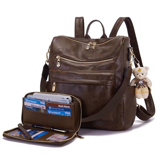 Image of Soperwillton Women Backpack Purse Shoulder Handbags Travel Bag Set 2pcs | Soft PU Leather,Large Capacity,Many Pockets,with a Functional Wallet,with a Detachable Shoulder Strap,Multipurpose Design