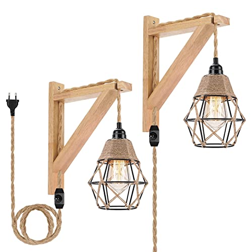 2 Pack Applique Murale Intérieur Industrielle Dimmable Luminaire Murale Vintage Avec Interrupteur Corde De Chanvre Lampe Murale En Bois E27 Métal Cage Abat-Jour Pour Salon, Chambre, Salle À Manger Cover