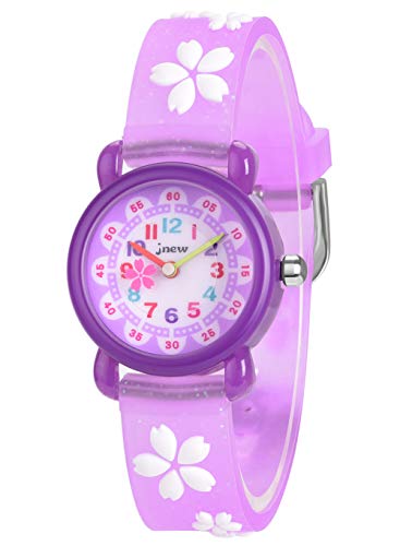 WUTAN Watches for Girls Purple Resin Wrist Band with Flowers Cute Watch Girls Fashion Waterproof Wristwatches for Kids Children (Flower Purple us Girl watch-3d)