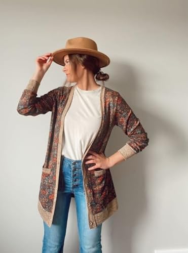 Grecerelle GC8022-FP-CASHEW NAVY-XL-FBA Paisley Floral Print Open Front Cardigan thumb #2