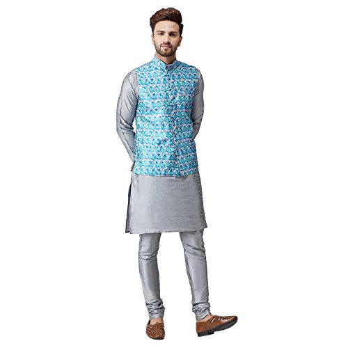 Image of SOJANYA (Since 1958, Men's Silk Blend Grey Kurta Pyjama & Silk Blend Jacket Combo