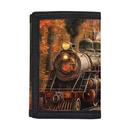 COEQINE Kids Wallet Retro Train Moneybag for Boys, Lightweight Trifold Wallet for Kids 9-12 Age, Retro Leaves Pattern Moneybag