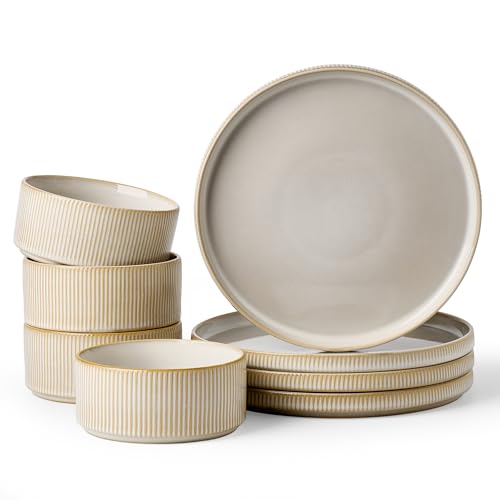 Image of Famiware Star 8-Piece Stoneware Dinnerware Set for 4 - 10.5 inch Flat Dinner Plates & 23 oz Deep Cereal Bowls, Everyday & Formal Use, Chip & Scratch Resistant, Microwave /Dishwasher Safe, Cappuccino White