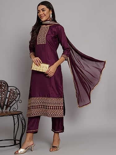 Image of VredeVogel Women's Silk Blend Embroidered Kurta with Pant & Nazneen Dupatta Set