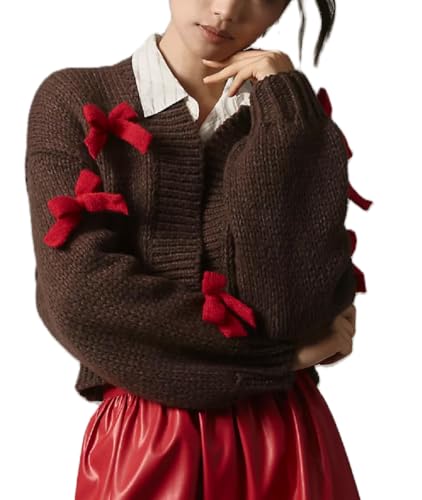 Women Bow Cropped Cardigan Sweaters Cute Long Sleeve Open Front 3D Bowknot Cardigans Y2K Preppy Knit Tops