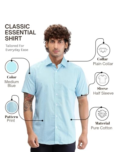 Image of Colorplus Men's Regular Fit Print Pattern Pure Cotton Plain Collar Half Sleeve Casual Shirt