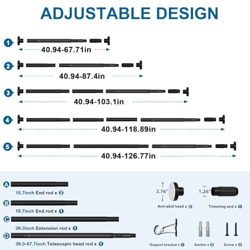 Image of AIZESI 41-124 Inch Heavy Duty Black Tension Curtain Rod - No Drilling, Adjustable, Rust-Resistant for Outdoor, Living Room, Window, Bathroom